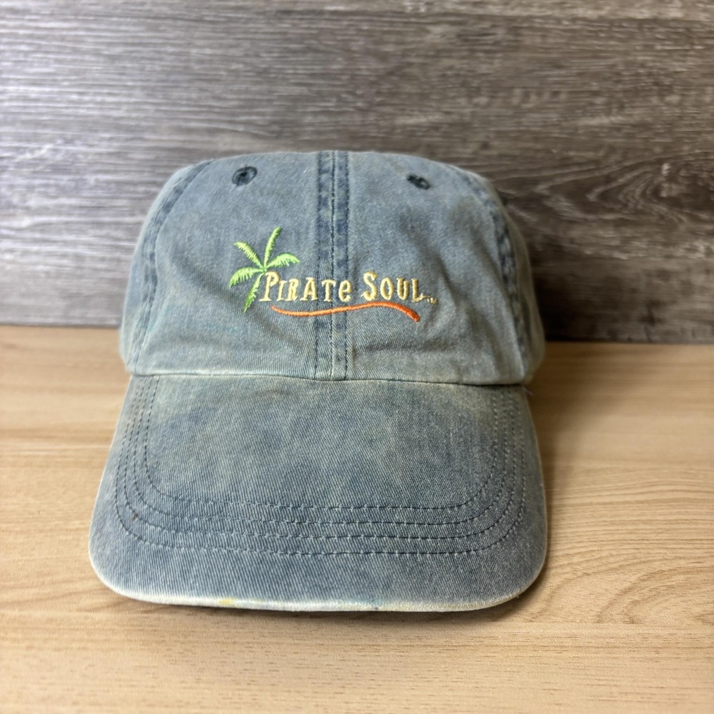 Pirate Soul Hat Cap Strap Back Blue Faded Embroidered Palm Tree Beach Mens